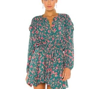 Free People Flower Fields Teal Floral Long-Sleeve Smocked Mini Dress